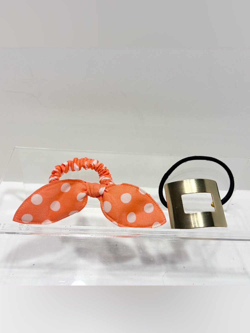 2 Pc Peach Polka Dot Bow & Geometric Gold Tone Ponytail Holder Hair Tie Set
